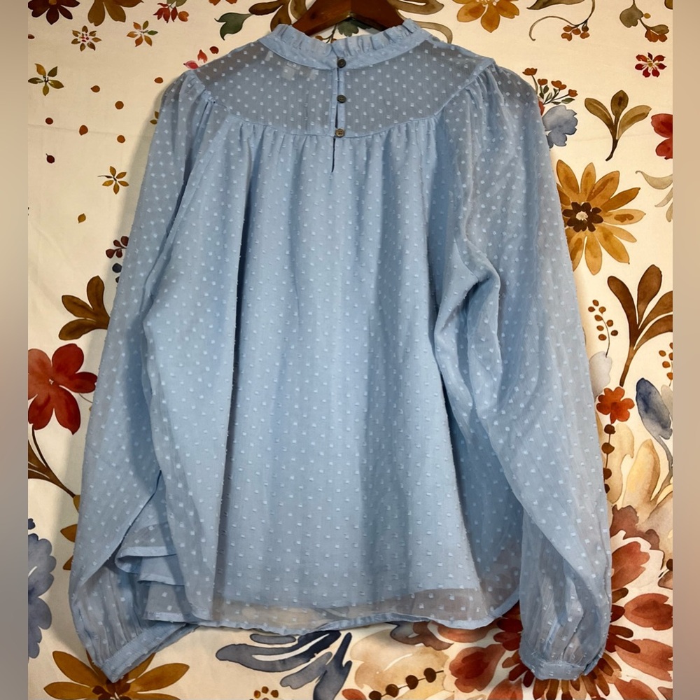 LOFT L Powder Light Blue Swiss Dot Sheer Sleeve Office Blouse Spring Summer City - Picture 3 of 12